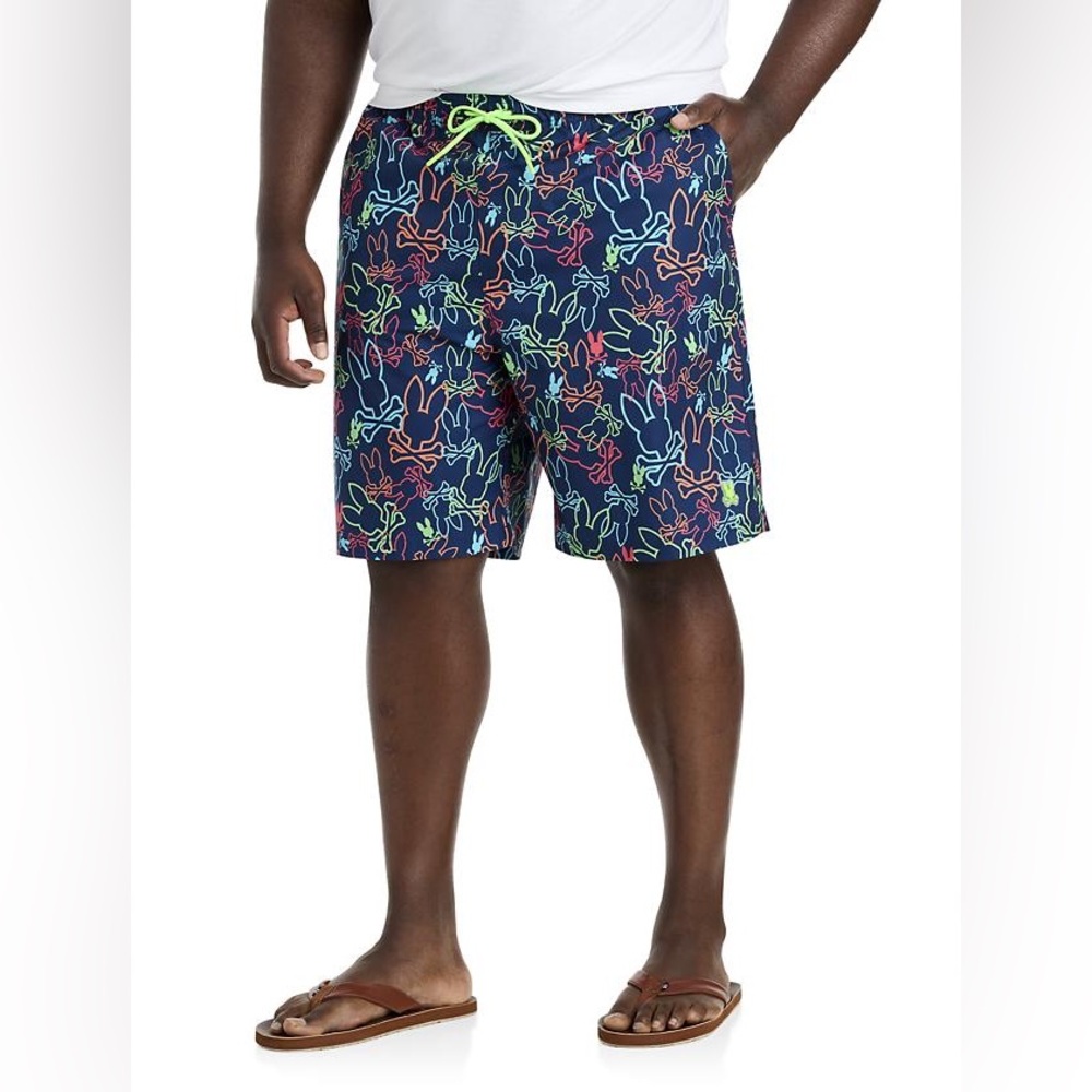 NWOT Psycho Bunny Men's Barrett All Over Print Swim Trunk Navy 1X Novelty Beach